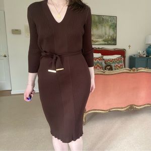 Calvin Klein Brown Knit Midi Sweater Dress with belted waist